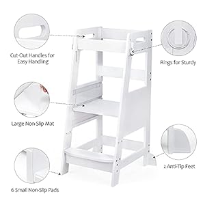 Toetol bamboo toddler kitchen step stool white helper standing tower height adjustable with anti slip protection for kids kitchen counter learning  urban country home decor