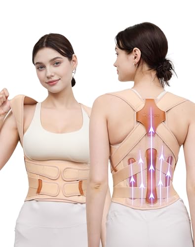 Image of Kepwaa Posture Corrector for Women and Men, 5 Full Back Support Brace Rods, Adjustable Shoulder Straightener, Relief for Upper and Lower Back, Neck, Lumbar, Scoliosis, Hump, Beige, Medium