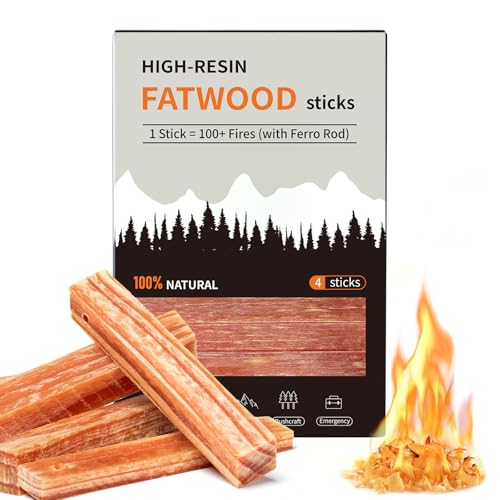 Ferro Rod Companion,High Resin Fatwood Fire Starter 4 Sticks,Waterproof Natural Tinder for Flint, Survival Gear Kit for Hiking, Camping, Bushcraft, Emergency Supplies