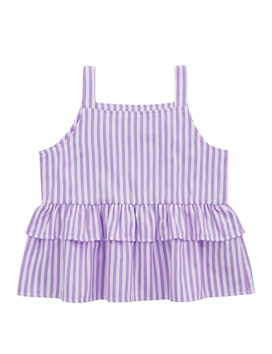 Image of Girl's 2 Piece Striped Outfits Cami Top Wide Leg Pants Ruffle Hem Summer Clothes with 2 Pockets 3-14Y