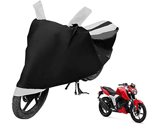 Image of Auto Hub Bike Cover Compatible with TVS Apache RTR 160 with Mirror Pocket, Dustproof, Heat Resistant, Triple Stitched, Apache 160 Bike Cover- Black, White