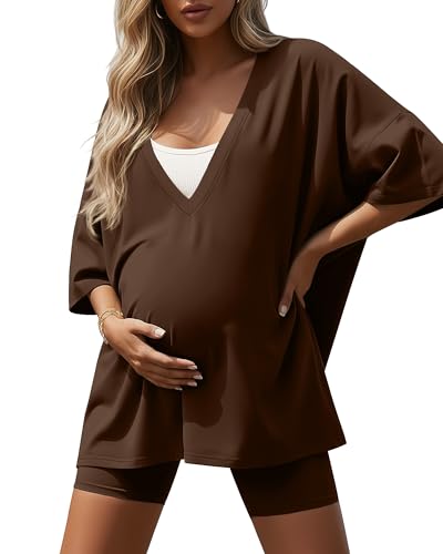Sweetyweee Womens 2 Piece Maternity Lounge Set Oversized Nursing V Neck Lightweight Shirt Cotton Pregnancy Shorts Pajama Set(Chestnut X-Large)