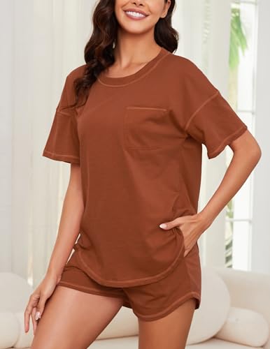 Image of KCW Pajamas for Women Set 2 Piece 100% Cotton Lounge Sets Short Sleeve Top and Shorts Pj Set Sleepwear Outfits