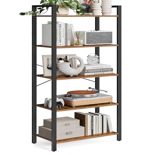 VASAGLE 5-Tier Bookshelf, Bookcase with Steel Frame, Book Shelf for Living Room, Home Office, Study, 11.8 x 26 x 60.2 Inches, Industrial Style, Rustic Brown and Ink Black ULLS061B01