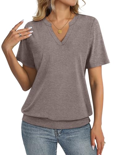 TICTICMISS Womens Tops Short Sleeve Banded Bottom Summer Tops V Neck T Shirts Casual Ladies Tees Loose Fit Clothing