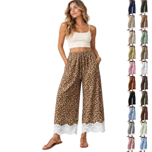 Qaezyco Leopard Pants,Lace Trim Pants Women Wide Leg Waisted Drawstring Corduroy Pant Boho Polka Dot Striped Causal Beach Trousers(01_Brown,Large) - image 1
