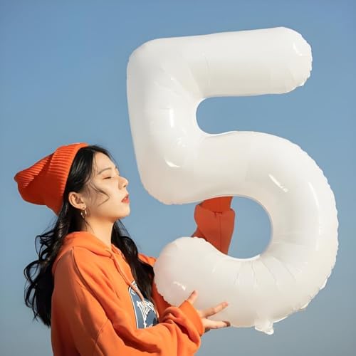 Image of 5 Balloon Numbers Birthday Decorations, 40In White Balloons for Men Women | Eye-catching Appearance, Perfect Decorative Centerpieces, Convenient Self-sealing Structure, Widely for Various Occasions
