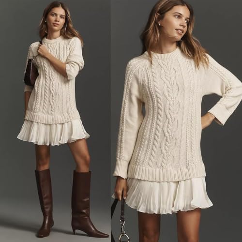 Women Crewneck Cable Knit Sweater Mini Dress, Womens Cableknit Bodycon Long Sleeve Short Dresses with Pleated Skirt2