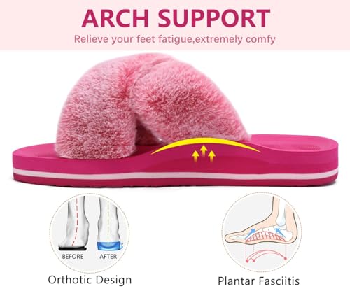 Image of COFACE Womens Fuzzy Slides Fluff Faux Fur Cross Slippers Open Toe Yoga Mat House Slipper Sandals With Arch Support For Indoor /Outdoor