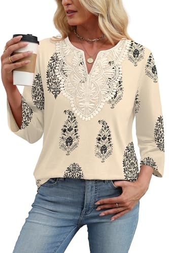 Image of WIHOLL 3 /4 Length Sleeve Womens Tops Boho V Neck Lace Shirt Trendy Blouses Dressy Casual Vacation Clothes S-3XL