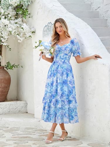 Image of Scarlet Darkness Women Floral Maxi Dress Puff Sleeve Tea Party Corset Dress | Pockets, Ruched Bust, Ruffled Hem, for Cottagecore Fairy Milkmaid Vacation