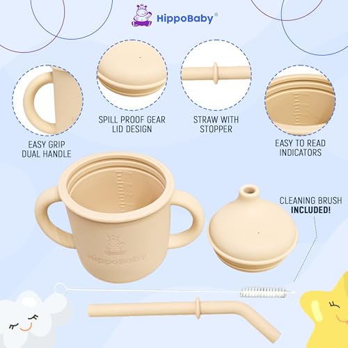 HippoBaby Silicone Transition Sippy Cup for 6+ Month Old | Includes 1 Toddler Straw Cup & 1 Baby Sippy Cups for Toddlers 1-3 | 5 oz | Perfect for Baby Led Weaning Supplies (Cream/Rose Quartz, 5 oz)