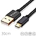 Produktbild 30cm Nylon Micro USB Kabel schwarz, USB auf Mikro USB Ladekabel, Goldstecker und geflochtenes Kabel (Braided), 0,3m