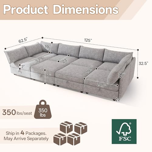 Image of 125 inch Chenille Modular Sectional Sofa Bed Hidden Storage, Convertible L U Shaped Sleeper Couch, 8 Seat Modern Modular Sectional Sofa with Removable Covers & Ottoman Chaise, for Living Room, Gray