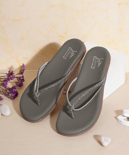 Image of JM LOOKS Elegant Embellished Shimmer Strap Flip Flops Comfortable Lightweight Daily Wear Flat Sandals For Women