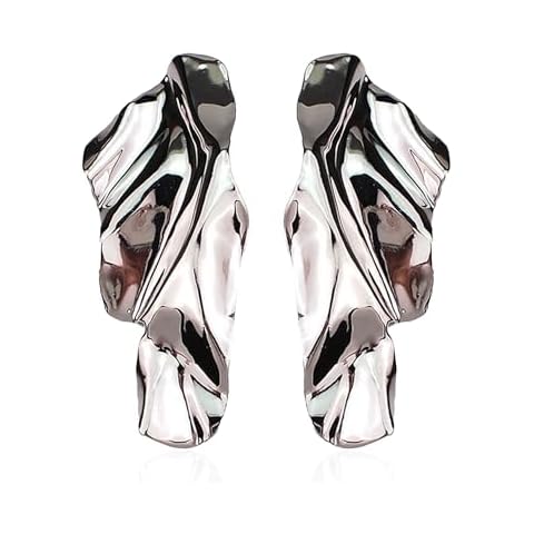 Seakuur Statement Geometric Texture Earrings for Women Large Fashion Irregular Minimalism Metal Simple Modern Earrings Rectangle Large Hypoallergenic Leaf Earrings (Silver) Cover