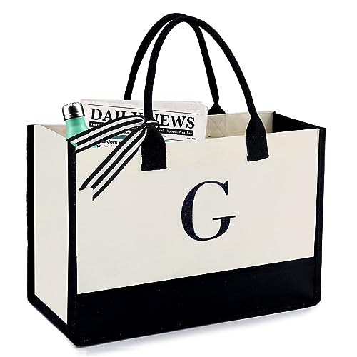 Image of BeeGreen Embroidery Monogram Initial Tote Bag for Women Teacher Mom Friend Personalized Gift for Birthday Beach Work Wedding