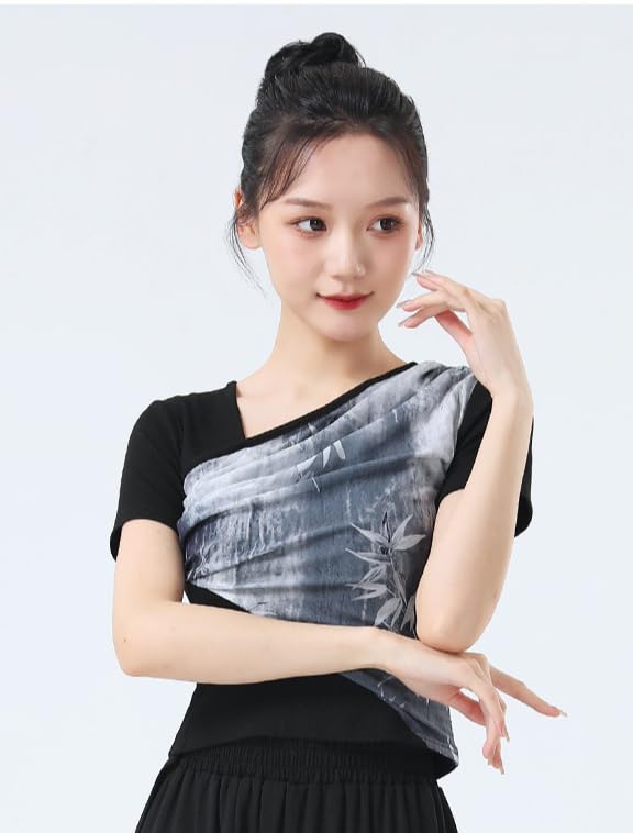 HEARTTOUCH Women Modern Dance Top Ballet Wrap Top Chinese Style Shirts Long Sleeve Yoga Gym Crop Tops Teen Girls Pullover (Black b,X-Large)