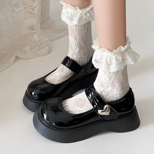 Y2K Gothic Kawaii Lolita Black Round Toe Chunky Heels Heart Shaped Decor Ankle Mary Jane Platform Shoes4