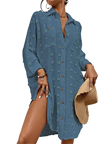 Image of Bsubsach Button Down Swimsuit for Women Sweatshirt Dress with Ruffled Sleeves Beach Shirt
