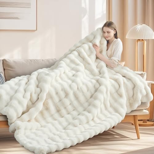 ROMROL Premium Kaninchen-Kunstfelldecke 150x200 cm, Dick Luxus Kunstfelldecke Winterdecke Maschinenwaschbar Für Sofa Bett Couch, Ultraweiche Plüschdecke Geschenk, Weiß