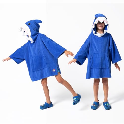 Party Hoot Kids Shark Hooded Surf Poncho Towel Changing Robe, Absorbent Cotton, Oeko-TEX Certified, Ages 6–10, for Bath, Pool, and Beach, Birthday