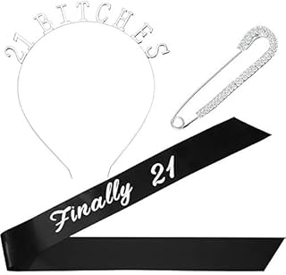 Gejoy 21st Birthday Sash Crown Tiara Headband Brooch Clip Pin, 21st Birthday Party Costume Set, Totally 3 Pieces, Silver, Medium