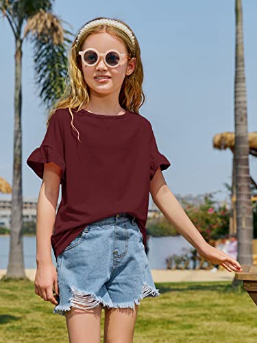 Plffkfly Girls Cute Basic Casual T Shirt Short Ruffles Sleeve Crewneck Breathable Elegant Tunic Tops Tees Wine Red #TOP2