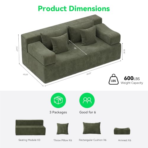 Image of MONVANE 3-Piece Boneless Loveseat Couch Set for Living Room, Oversized Modular Sectional Sofa Set with Removable Armrests, Comfy Corduroy Cloud Couch with 12 Pillows, No Assembly Required, Green