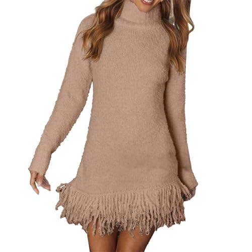 Vestido tipo suéter con borlas para mujer de cuello alto y manga larga talla XL en color caqui