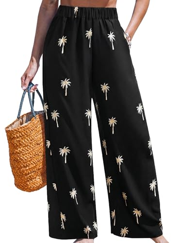 Image of CUPSHE Women's Wide Leg Beach Pants - Tropical Floral with Pockets Plus Size Casual Flowy Vacation Bottoms