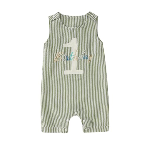 BOUTIKOME Baby Body für Jungen 1. Geburtstag Jumpsuit Neugeborene Strampler Ohne Ärmel Overalls Stickerei Babykleidung Sommer Babybody mit Knöpfe Kleinkind Rundhals Bodys(Grüne Streifen,1 Jahre)