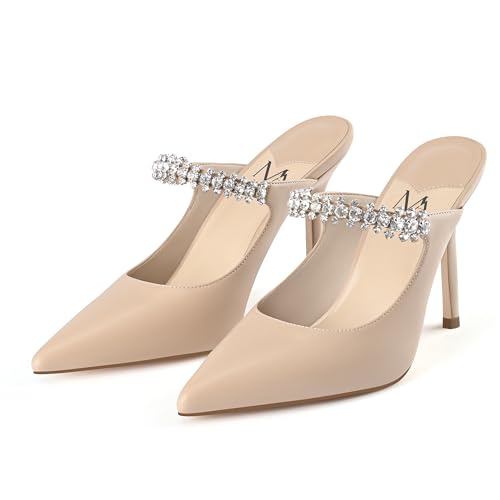 MIRAAZZURRA Heel Mules for Women Pointed Close Toe Stiletto High Heels Slip On Mules for Women Bridal Wedding Dress Party