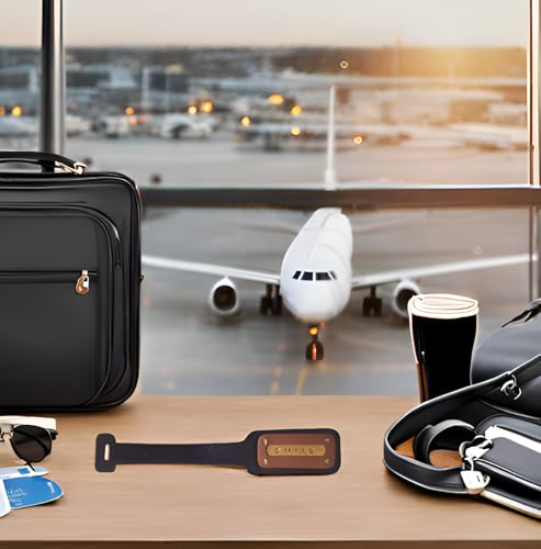The Junket Personalized Luggage Tags for Men and Women (Pack of 2) | Leather Travel Tags with Customized Name | Handcrafted Customized Gifts for Couple with Adjustable Belt (Black with Tan) - Image 4