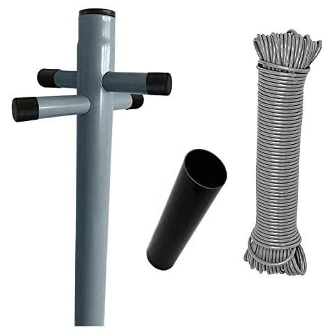 BLADO Washing Line Post Pole - Clothes Post With Socket And 60m Rope Heavy Duty Galvanised 2 Part Standard Outdoor Garden Pole (Grey, 1x) Cover