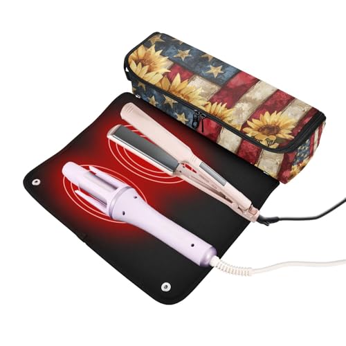 Estuche de viaje 2-en-1 para rizador con almohadilla resistente al calor, gran capacidad organizadora para planchas de pelo, rizadores y alisadores, diseño Americana Sunflower Blend miniatura 2