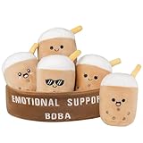 ZENLIV Emotional Support Boba Plush, 5 Cute Squishy Toys Stuffed Animal with Carrying Basket, Funny Cute Cuddly for Boba Lovers Adults, Inspirational Motivational Encouragement Gifts for Women Men