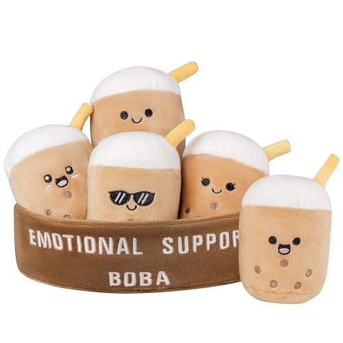 Image of Emotional Support Boba Plush, 5 Cute Squishy Toys Stuffed Animal with Carrying Basket, Funny Cute Cuddly for Boba Lovers Adults, Inspirational Motivational Encouragement Gifts for Women Men