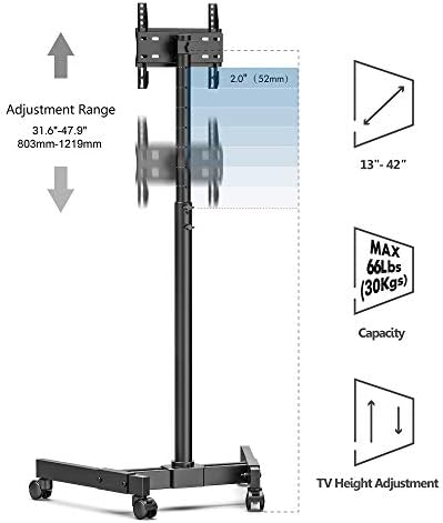 FITUEYES Mobile TV Cart Trolley for 1342 inch, 8 Height Adjustable & 2-Tubes H-Base Mobile TV Stand on Wheels, Tall TV Stand with 4 Lockable Wheels Holds 30kg, Max. VESA 200x200 mm