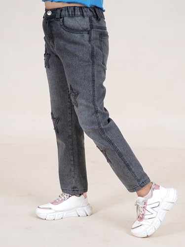 Image of KiddoPanti Girls Full Length Frayed Star Patch Washed Denim Jeans with Elasticated Waistband
