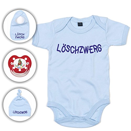 Babyset Feuerwehr Löschzwerg - Strampler/Schnuller/Mütze/Lätzchen/0-12 Monate/Komplettset/Beruhigungssauger + Babybody (0-3 Monate, Hellblau)