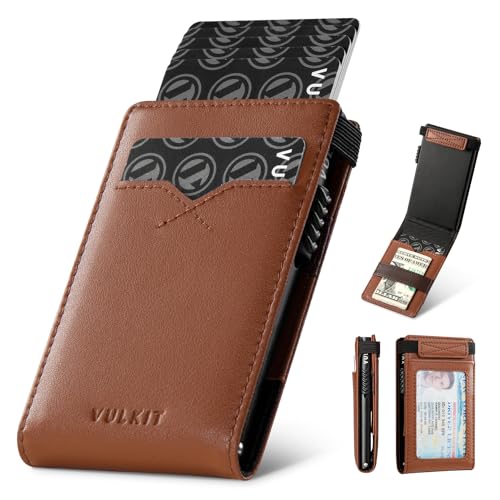 VULKIT Minimalist Wallet with Money Band RFID Wallet for Mens Pop Up Wallet Leather Wallet with ID Window & Elastic Band Closure
