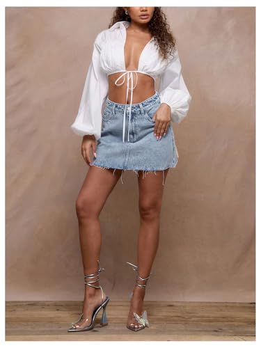 Milumia Women's Bow Back Raw Hem Denim Mini Skirt Low Waist Short Jean Skirts3