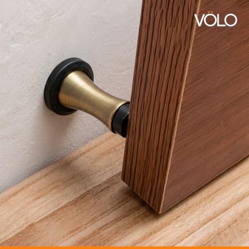 Image of Volo Pack of 2 Pieces Heavy Duty Wall Mounted Door Stops, Rigid Door Stopper with Low Mounted Black Rubber Bumper Tips, Protect Wall & Door for Kitchen, Bedroom, Office (Antique Brass)