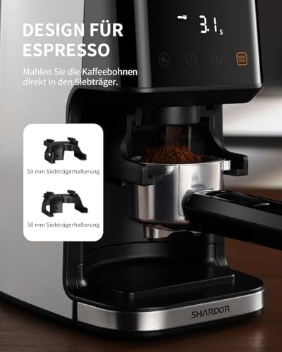 SHARDOR Kaffeemühle Elektrisch mit 51 Mahlgraden, LED-Touchpanel, Elektrische Kaffeemühle Siebträger mit Präzisions Elektronik Zeitschaltuhr, Programmierbare Tassen/Zeit Kegelmahlwerk, Für Espresso
