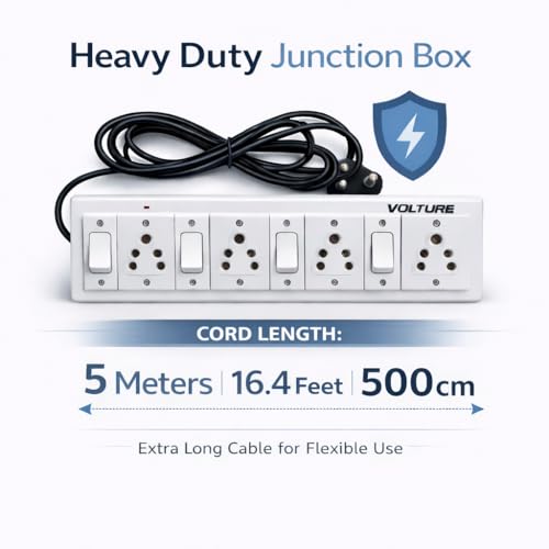 Image of VOLTURE Heavy Duty 4 Socket Extension Board with 4 Individual Switches | Spike Guard | 5 Meter Heavy Cable | High Load Multipurpose Junction Box for Home & Office Appliances
