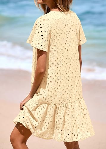 Image of KIRUNDO Eyelet Dresses for Women Button Down Mini Babydoll | 2026 Summer Short Sleeve Boho Sundress, Loose Fit V Neck Short Dress With Pockets, A Line, Cruise Beach Vacation Outfits