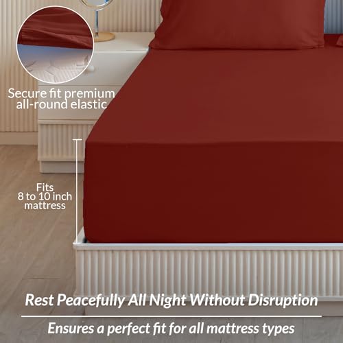 Image of HOMEMONDE Cotton Fitted Bedsheet for Single Bed Size - 72x36 Inches Maroon Elastic Sheet with 1 Pillow Cover, 210 Thread Count, Comfort Cotton Bedsheets for Home | Perfect for Home Decor & Gifting