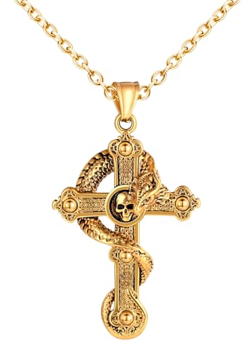 INFINIONLY Collier Croix Or en Acier Inoxydable pour Hommes Pendentif Créatif de Croix avec Dragon Hip Hop Colliers con Tête de Mort Halloween Bijoux...