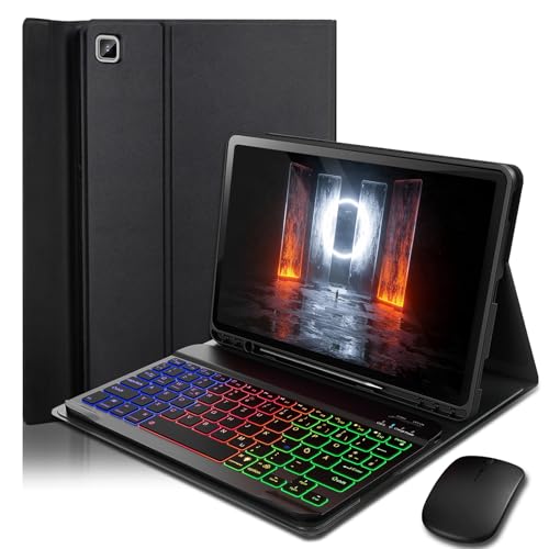 MicroTunk für Samsung Galaxy Tab S6 Lite (2024/2022/2020) 10.4 Zoll Hülle mit Kabelloses Bluetooth Beleuchtete Farbige Deutsch Tastatur (QWERTZ) und Maus, Magnetisch Abnehmbar, Backlit Keyboard Case